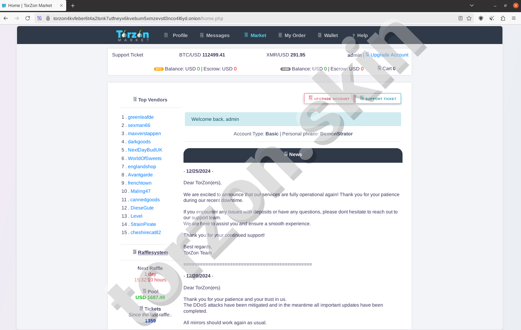 Torzon Darknet Market Dashboard Interface